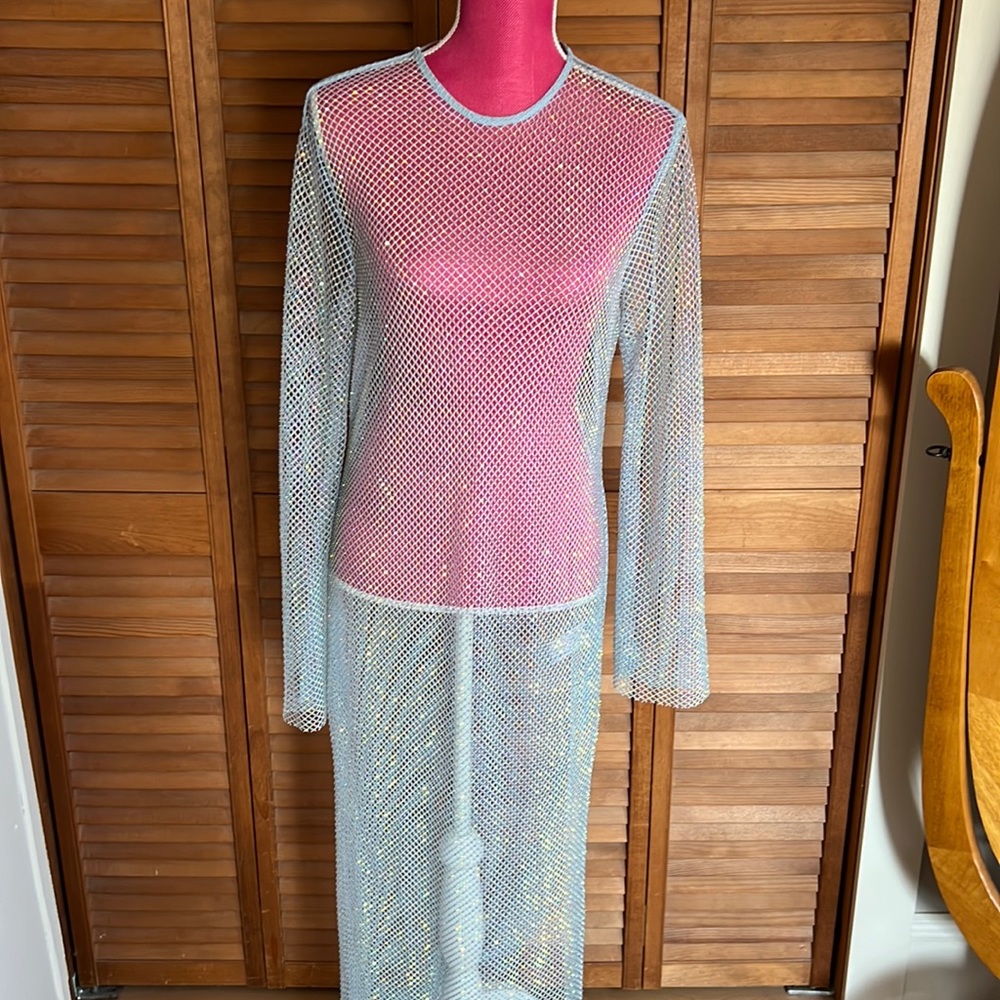 Zara blue sequin long dress long sleeved worn once for photos size large